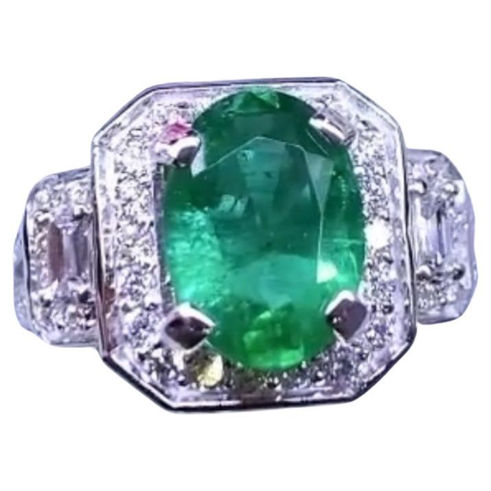 AIG Certified 3.20 Carats Zambian Emerald  1.20 Ct Diamonds 18K Gold Ring 