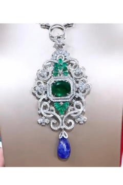 AIG Certified 32.00 Ct Tanzanite 15.00 Ct Emerald 12 Ct Diamonds Brooch/Pendant
