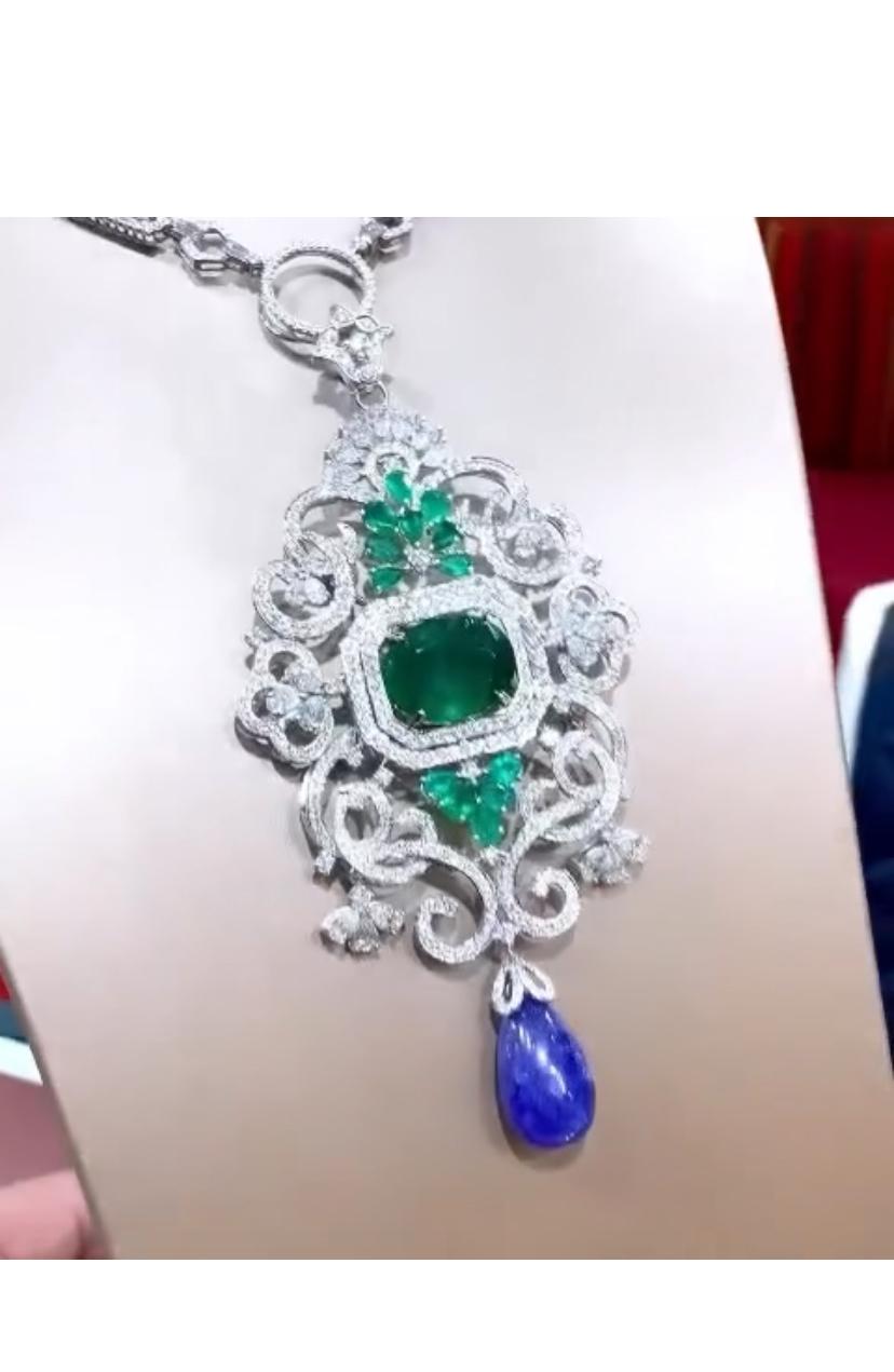 Women's or Men's AIG Certified 32.00 Ct Tanzanite 15.00 Ct Emerald 12 Ct Diamonds Brooch/Pendant For Sale