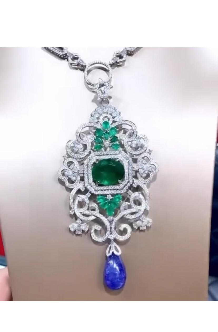 AIG Certified 32.00 Ct Tanzanite 15.00 Ct Emerald 12 Ct Diamonds Brooch/Pendant  For Sale 1