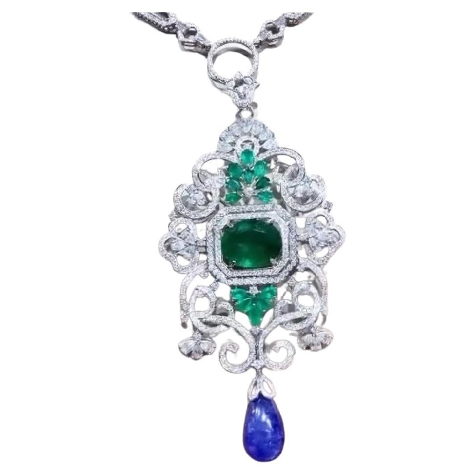 AIG Certified 32.00 Ct Tanzanite 15.00 Ct Emerald 12 Ct Diamonds Brooch/Pendant  For Sale