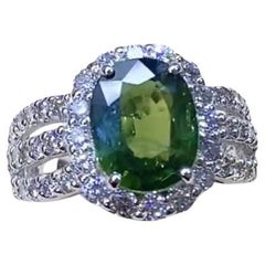 AIG Certified 3.25 Ct Green Sapphire 1.45 Ct Diamonds 18K Gold Ring