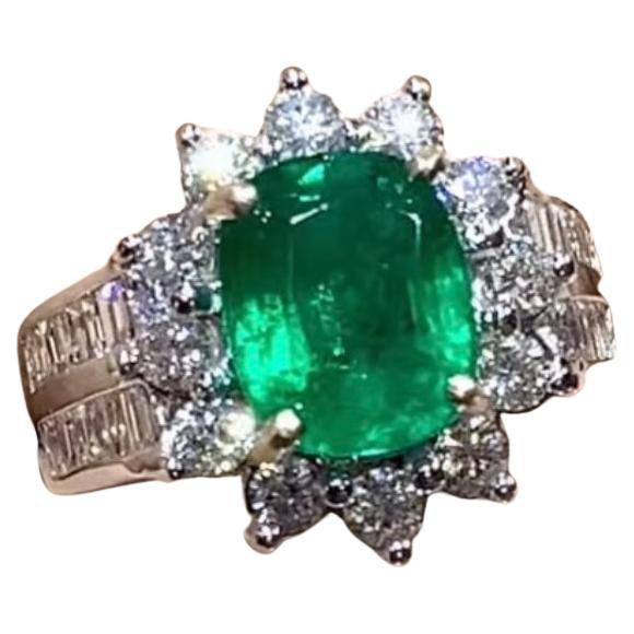 AIG Certified 3.25 Ct Zambian Emerald  1.60 Ct Diamonds 18K Gold Ring