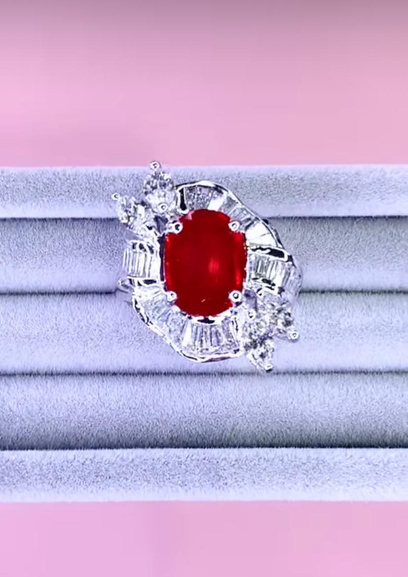 Oval Cut AIG Certified 3.30 Ct Tanzania Ruby 1.80 Ct Diamonds 18K Gold Ring For Sale