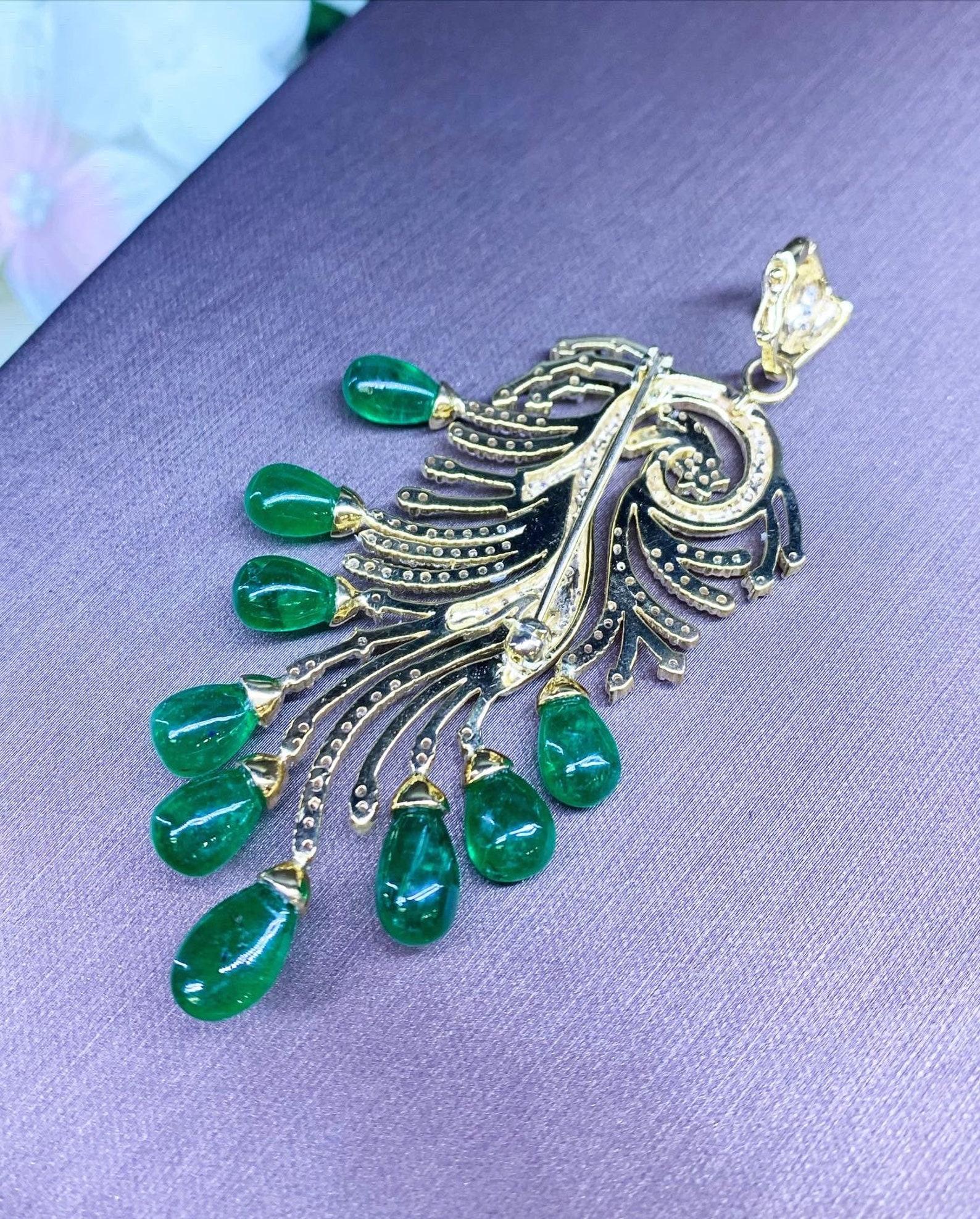 Cabochon AIG Certified 33.00 Carats Zambian Emeralds 1.95 Ct Diamonds Gold Pendant/Brooch For Sale