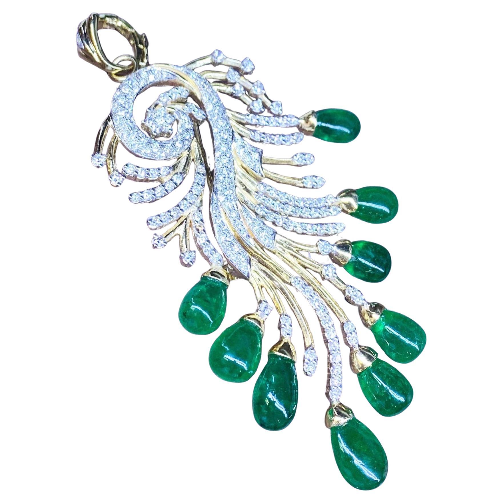 AIG Certified 33.00 Carats Zambian Emeralds 1.95 Ct Diamonds Gold Pendant/Brooch For Sale