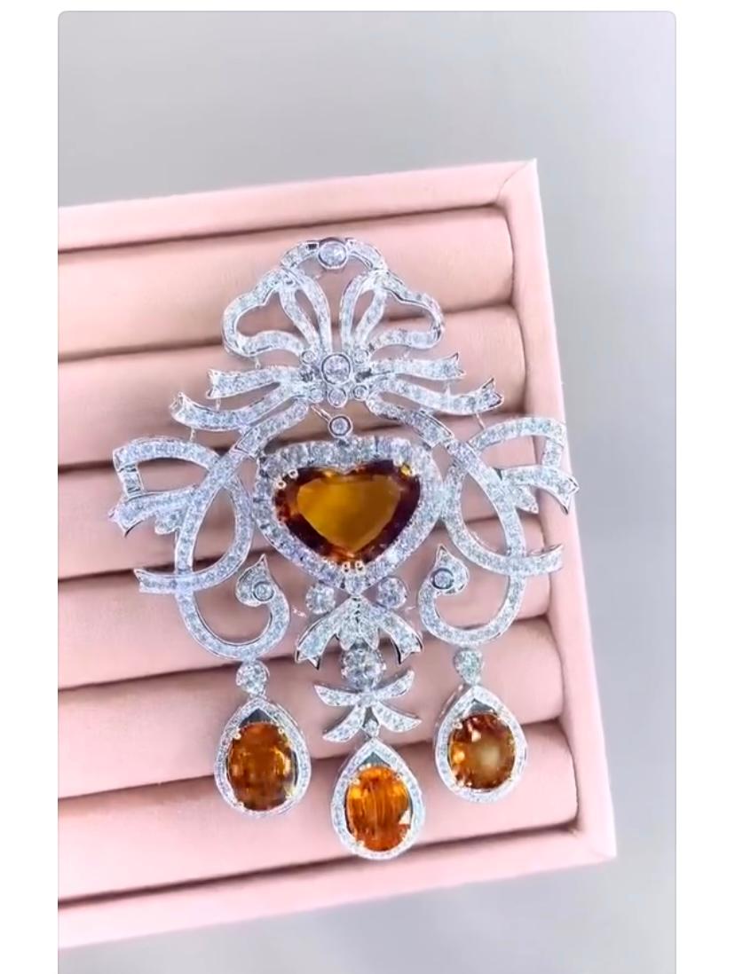 Mixed Cut AIG Certified 33.00 Ct Orange Sapphires 11.00 Ct Diamonds  Pendant/Brooch For Sale