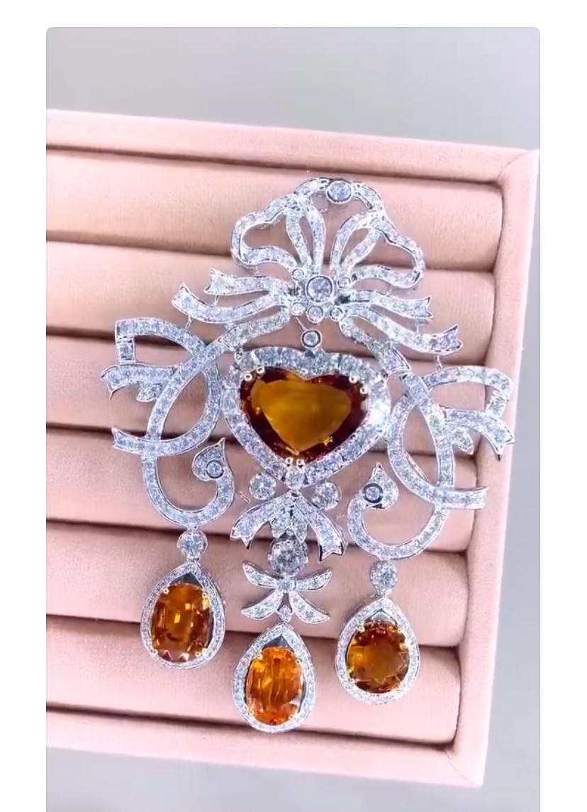 AIG Certified 33.00 Ct Orange Sapphires 11.00 Ct Diamonds  Pendant/Brooch For Sale 1