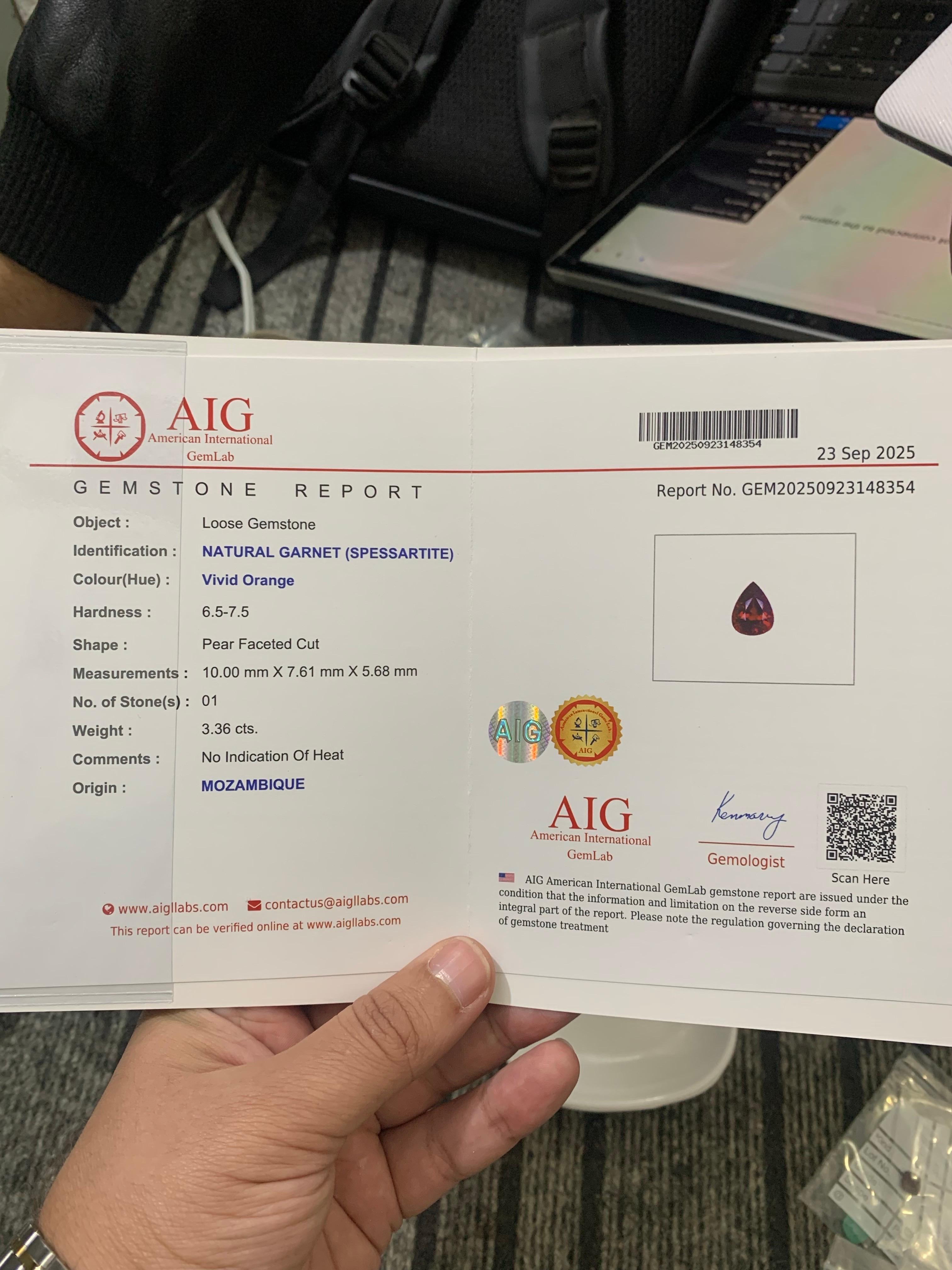 AIG zertifiziert 3,36 Karat natürlichen losen Spessartit Granat Birne Form Edelstein im Angebot 9