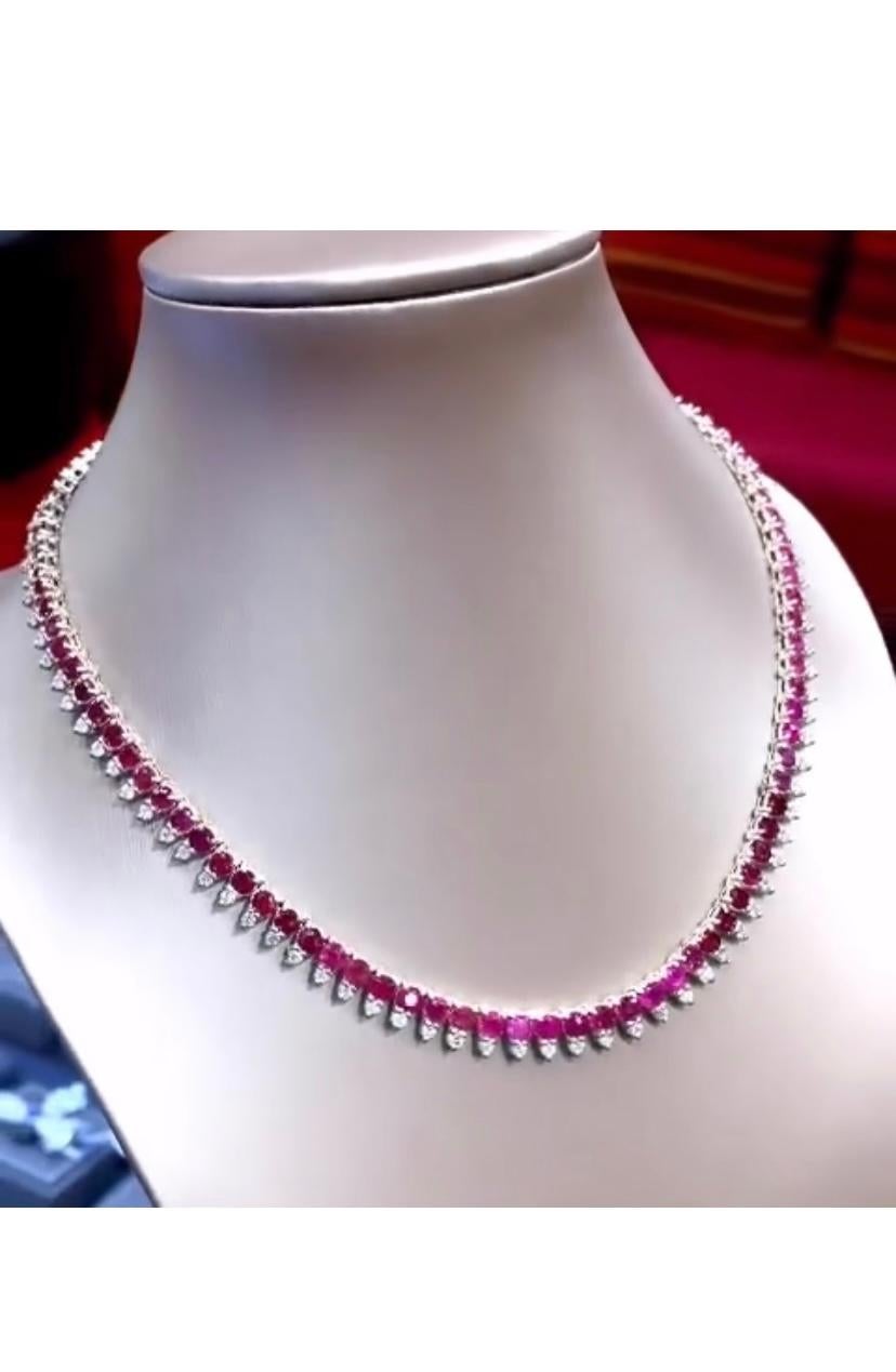 Mixed Cut AIG Certified 33.60 Carats Burmese  Rubies  4.50 Ct Diamonds 18K Gold Necklace  For Sale