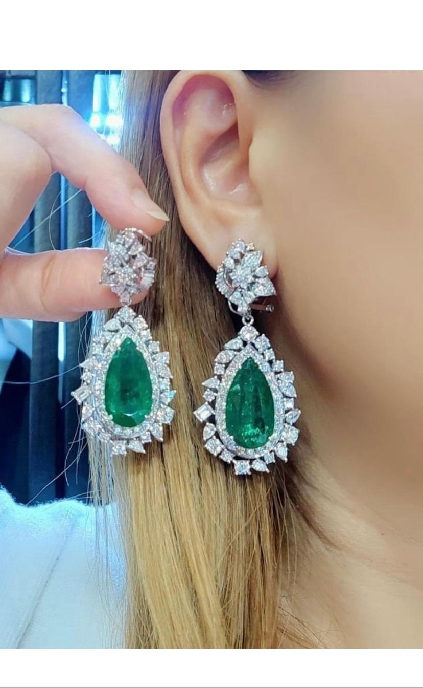 AIG Certified 33.70 Carats Zambia Emeralds   14.12 Ct Diamonds 18K Gold Earrings For Sale 6