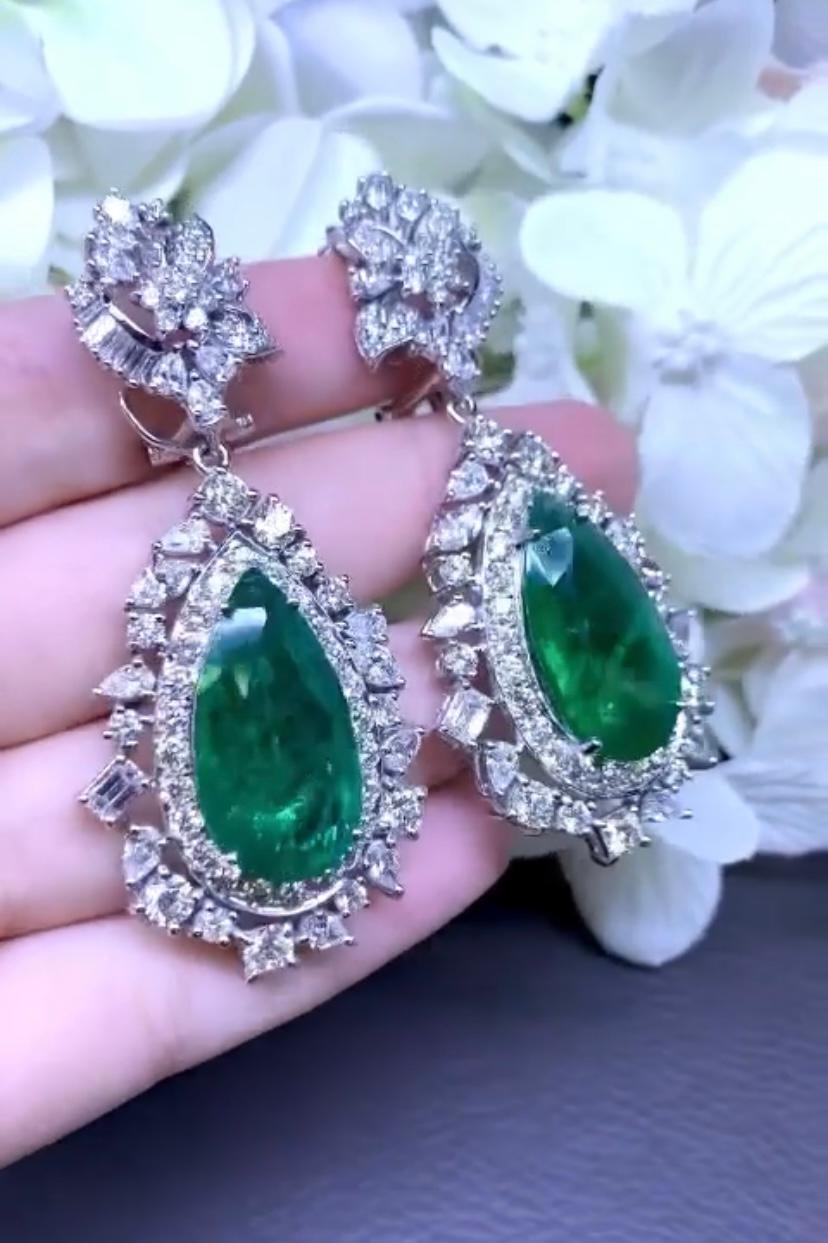 Pear Cut AIG Certified 33.70 Carats Zambia Emeralds   14.12 Ct Diamonds 18K Gold Earrings For Sale
