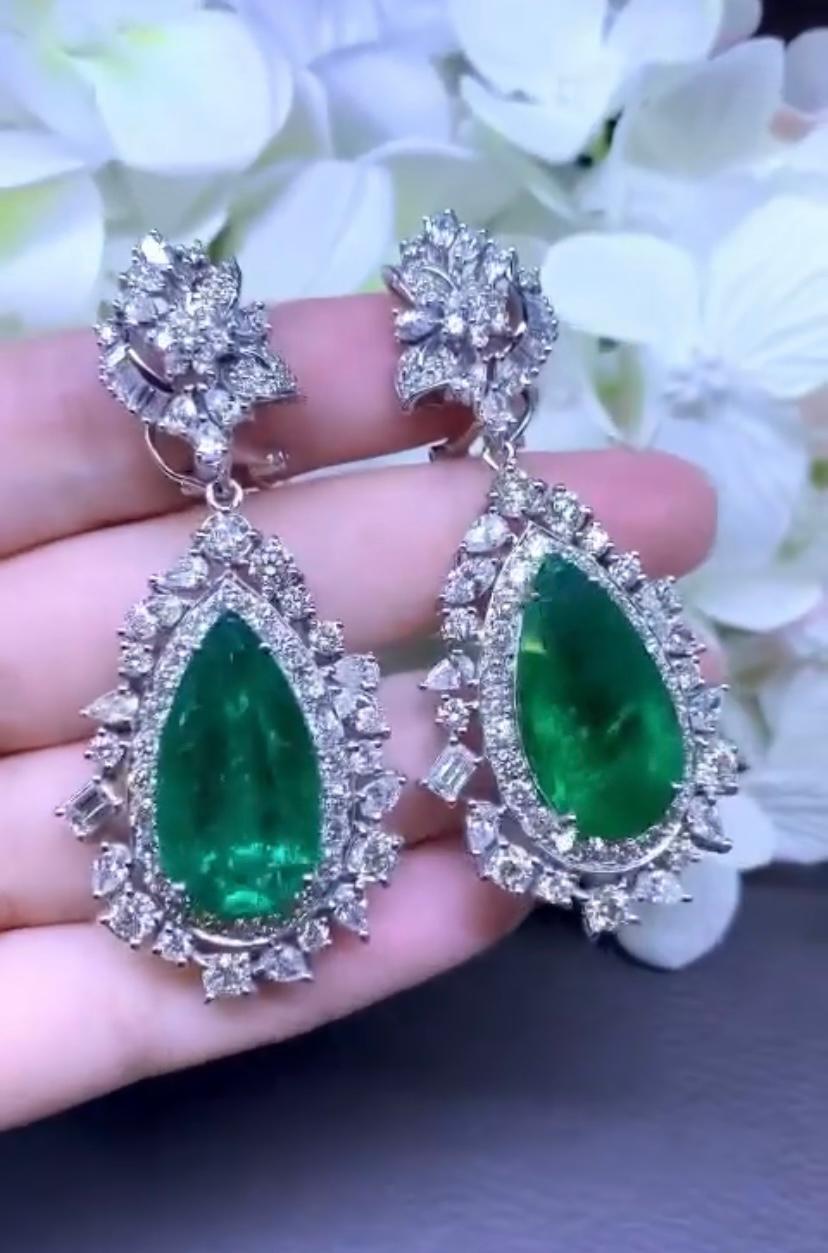 Women's AIG Certified 33.70 Carats Zambia Emeralds   14.12 Ct Diamonds 18K Gold Earrings For Sale