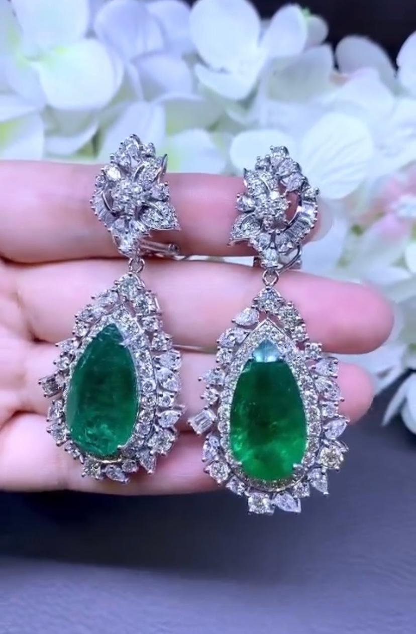 AIG Certified 33.70 Carats Zambia Emeralds   14.12 Ct Diamonds 18K Gold Earrings For Sale 1