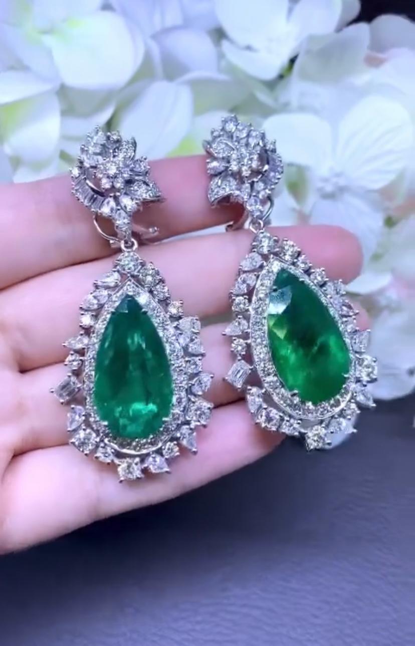 AIG Certified 33.70 Carats Zambia Emeralds   14.12 Ct Diamonds 18K Gold Earrings For Sale 3