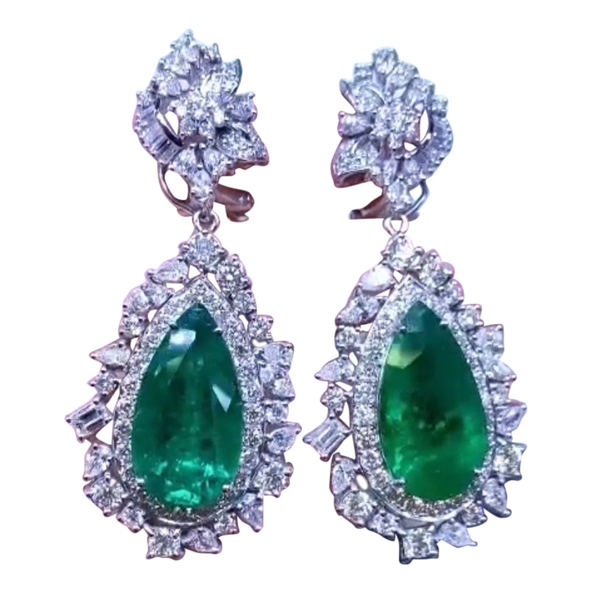 AIG Certified 33.70 Carats Zambia Emeralds   14.12 Ct Diamonds 18K Gold Earrings For Sale