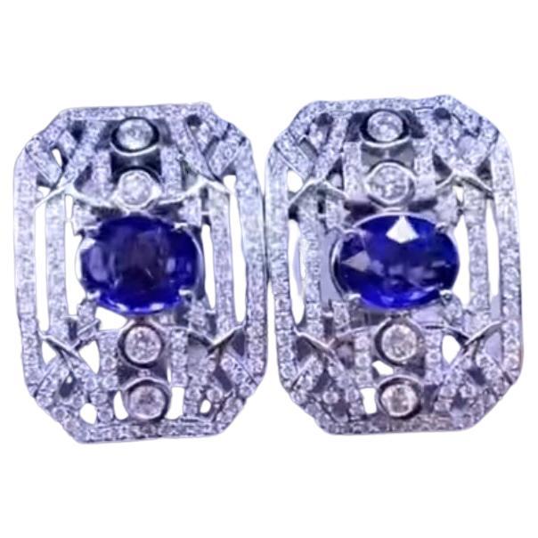 AIG Certified 3.40 Ct Ceylon Sapphires 1.50 Ct Diamonds 18K Gold Earrings