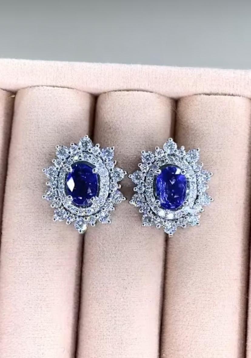 Oval Cut AIG Certified 3.40 Ct Ceylon Sapphires 2.25 Ct Diamonds 18K Gold Earrings For Sale