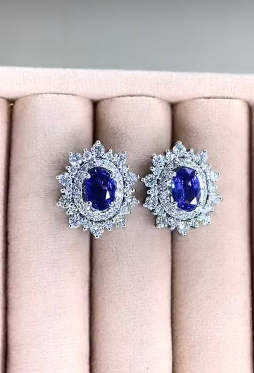 Women's AIG Certified 3.40 Ct Ceylon Sapphires 2.25 Ct Diamonds 18K Gold Earrings For Sale
