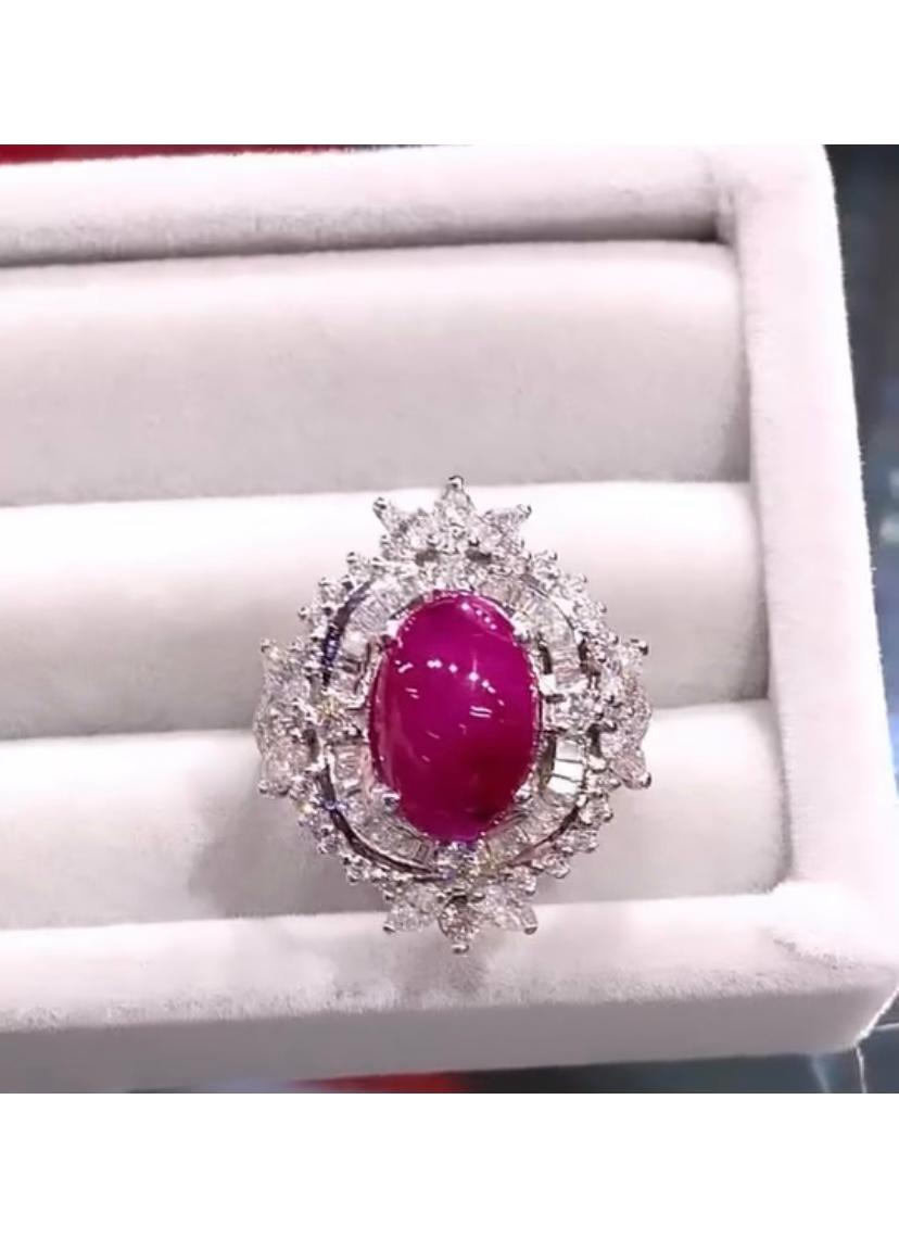 Cabochon AIG Certified 3.40 Cts Natural Burma Rubies  1.50 Cts Diamonds 18K Gold Ring For Sale
