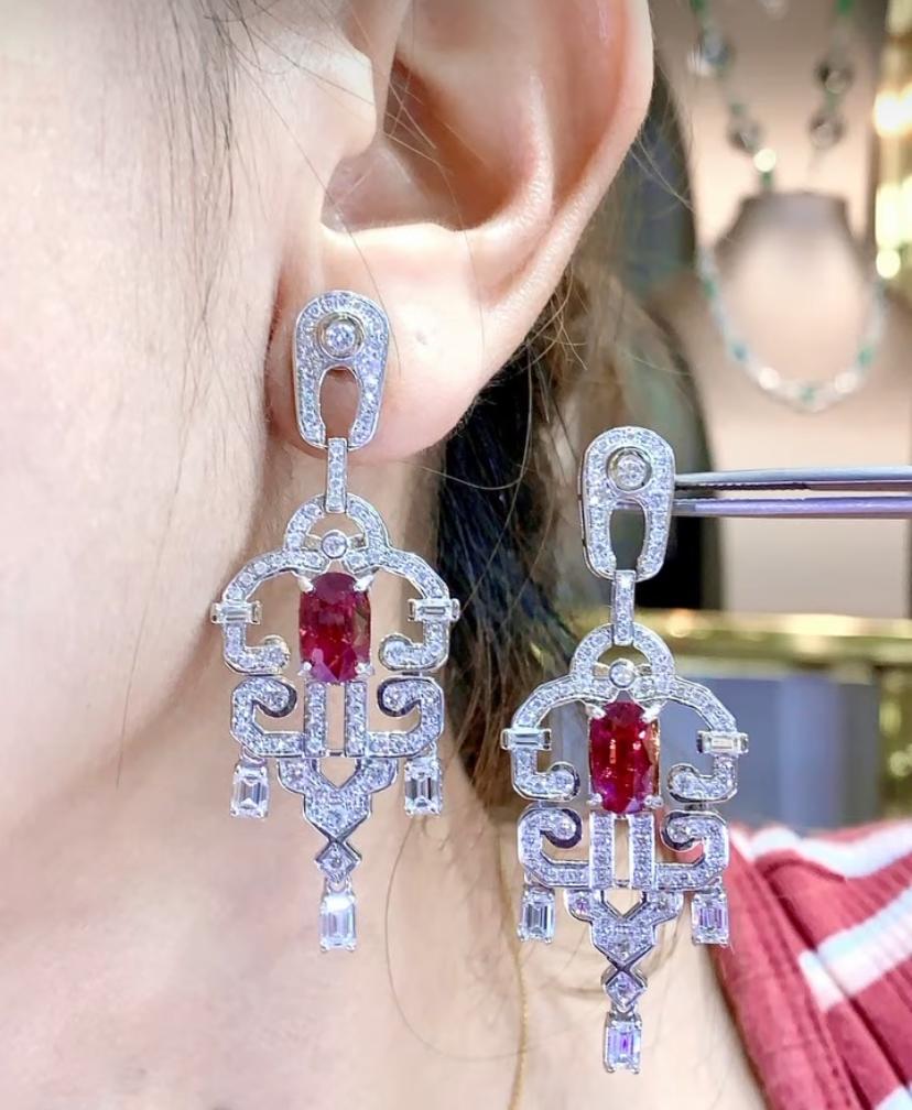 AIG Certified 3.45 Unheated Mozambique Rubies Diamonds 18K Gold Earrings For Sale 1