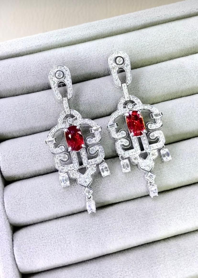 AIG Certified 3.45 Unheated Mozambique Rubies Diamonds 18K Gold Earrings For Sale 2