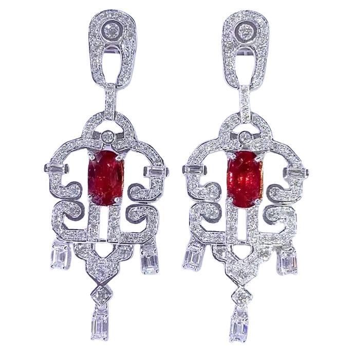 AIG Certified 3.45 Unheated Mozambique Rubies Diamonds 18K Gold Earrings