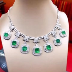 Art Deco Design 18K Gold Necklace with 34.00 Ct Zambia Emeralds & 15.00 Diamonds