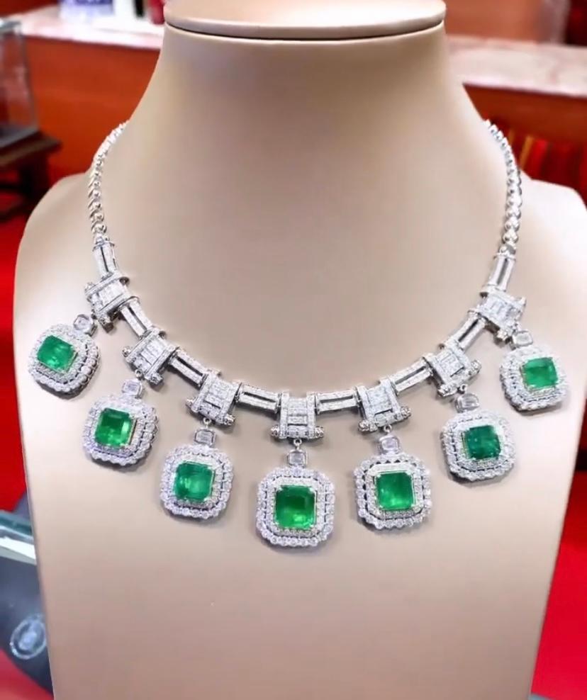 Emerald Cut AIG Certified 34.60 Carats Zambian Emeralds  15.80 Ct Diamonds 18K Gold Necklace For Sale