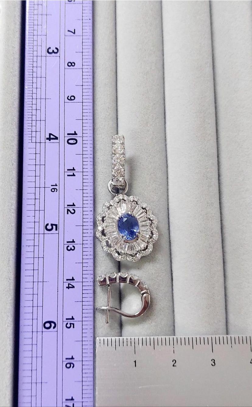 Oval Cut AIG Certified 3.48 Ct Ceylon Sapphires 3.00 Ct Diamonds 18K Gold Earrings For Sale