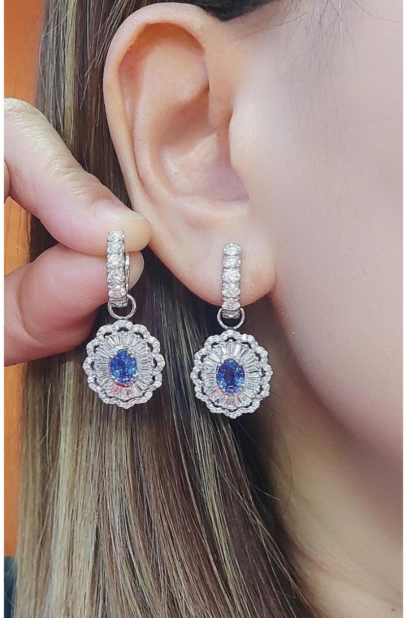 Women's AIG Certified 3.48 Ct Ceylon Sapphires 3.00 Ct Diamonds 18K Gold Earrings For Sale