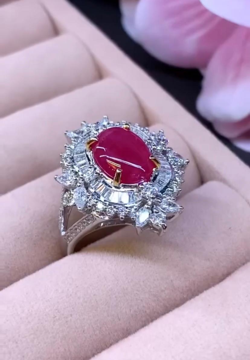 AIG Certified 3.50 Carat Burma Ruby 1.50 Ct Diamonds 18K Gold Ring In New Condition For Sale In Massafra, IT
