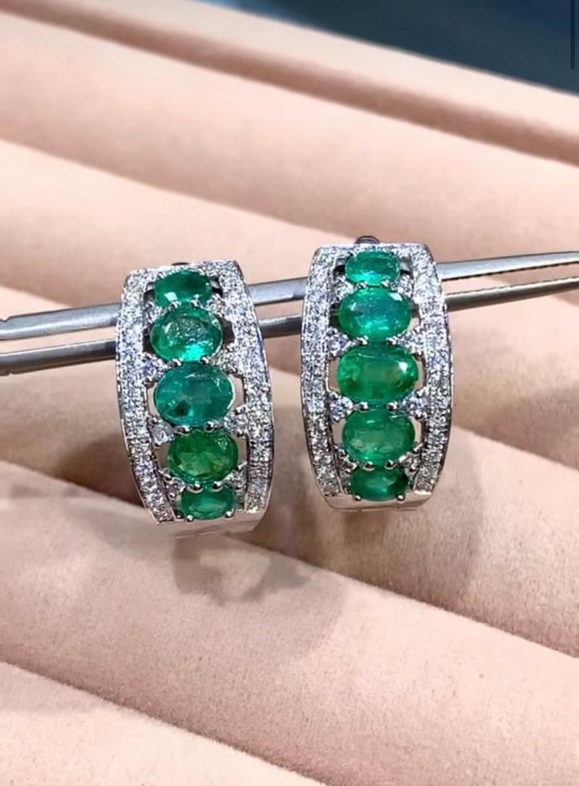 Oval Cut AIG Certified 3.56 Carat Zambian Emeralds Diamonds 18K Gold Earrings For Sale