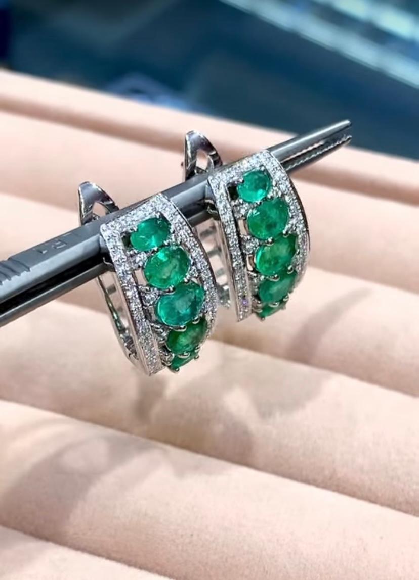 Women's AIG Certified 3.56 Carat Zambian Emeralds Diamonds 18K Gold Earrings For Sale