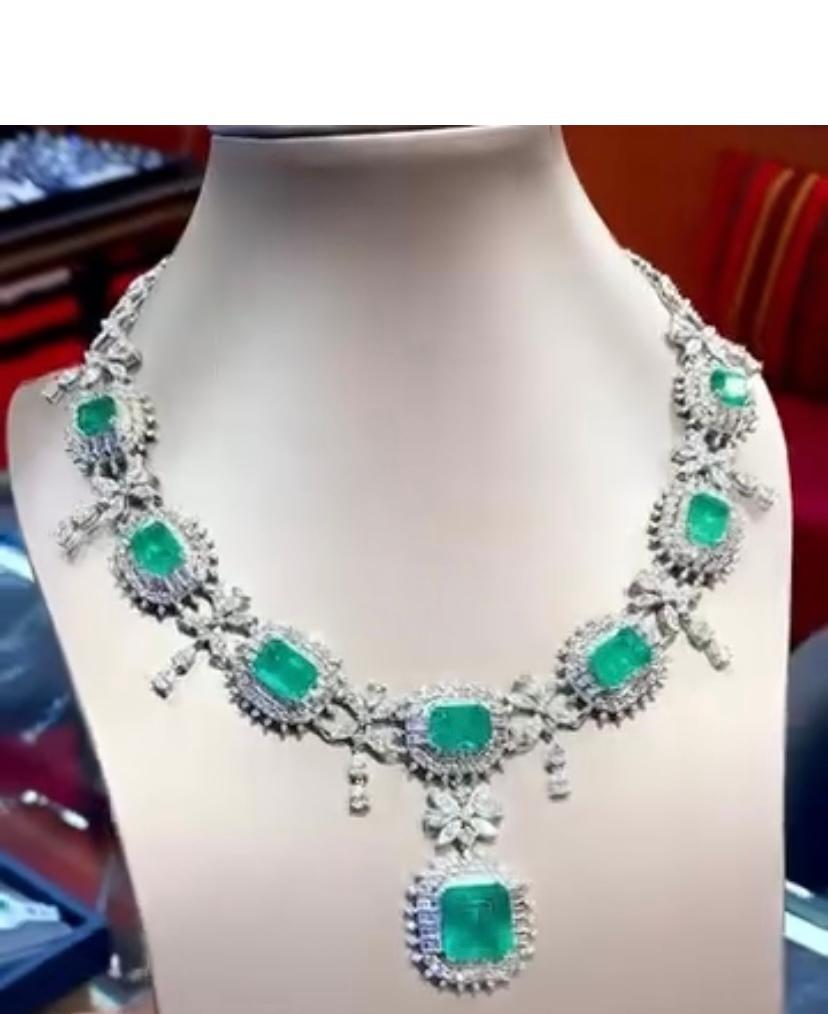 Mixed Cut AIG Certified 36.00 Carat Zambian Emerald  23.00 Ct Diamonds 18k Gold Necklace For Sale