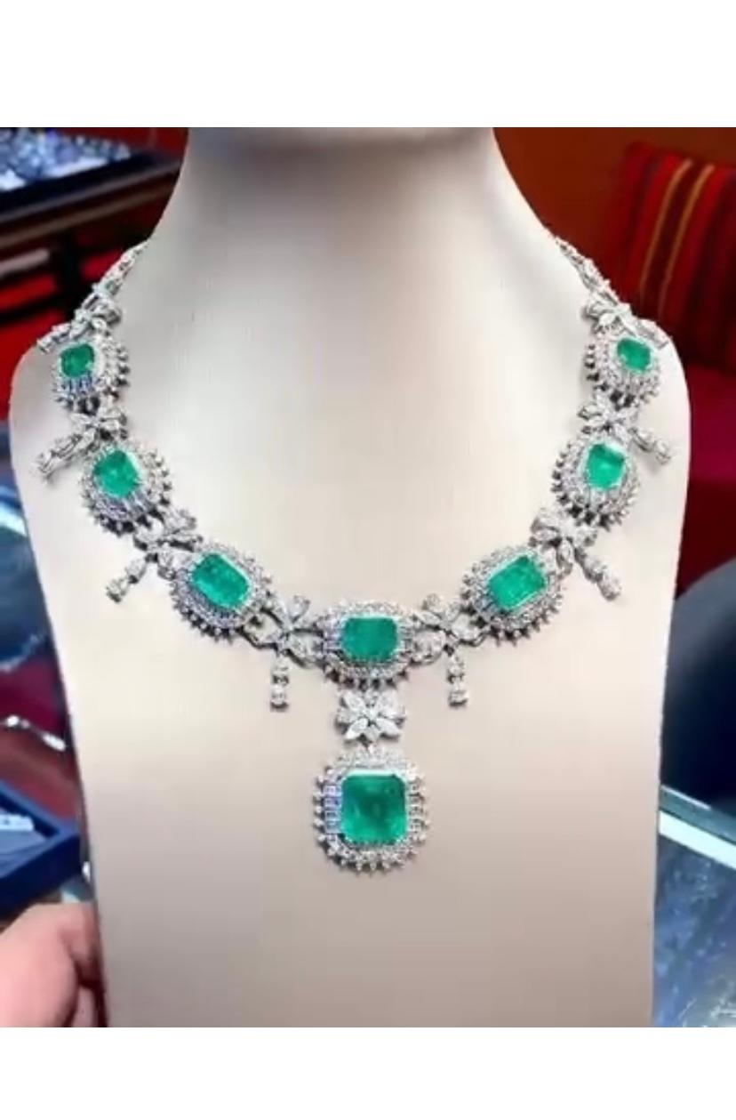 Women's AIG Certified 36.00 Carat Zambian Emerald  23.00 Ct Diamonds 18k Gold Necklace For Sale