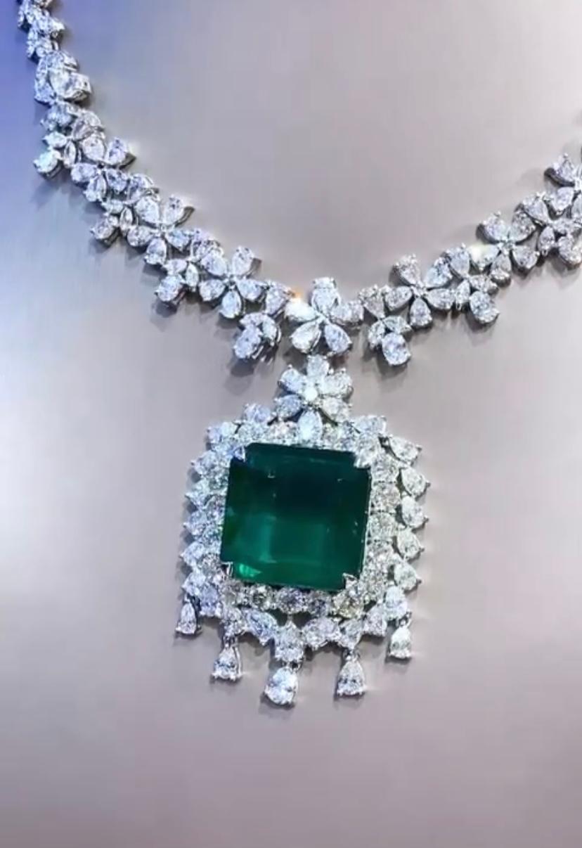 Women's AIG Certified 36.00 Carat Zambian Emerald  23.90 Ct Diamonds Necklace 18K Gold  For Sale
