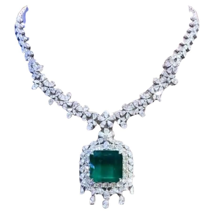 AIG Certified 36.00 Carat Zambian Emerald  23.90 Ct Diamonds Necklace 18K Gold  For Sale