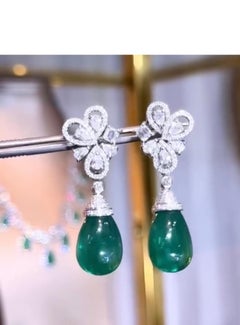 AIG Certified 36.00 Carats  Zambian Emeralds 3.10 Ct Diamonds 18K Gold Earrings