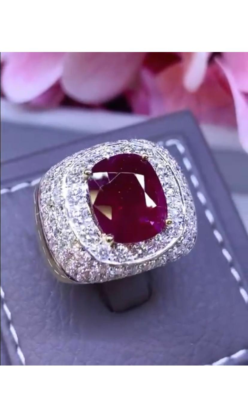 Cushion Cut AIG Certified 3.65  Carats Ruby  3.28 Ct Diamonds 18K Gold Ring  For Sale