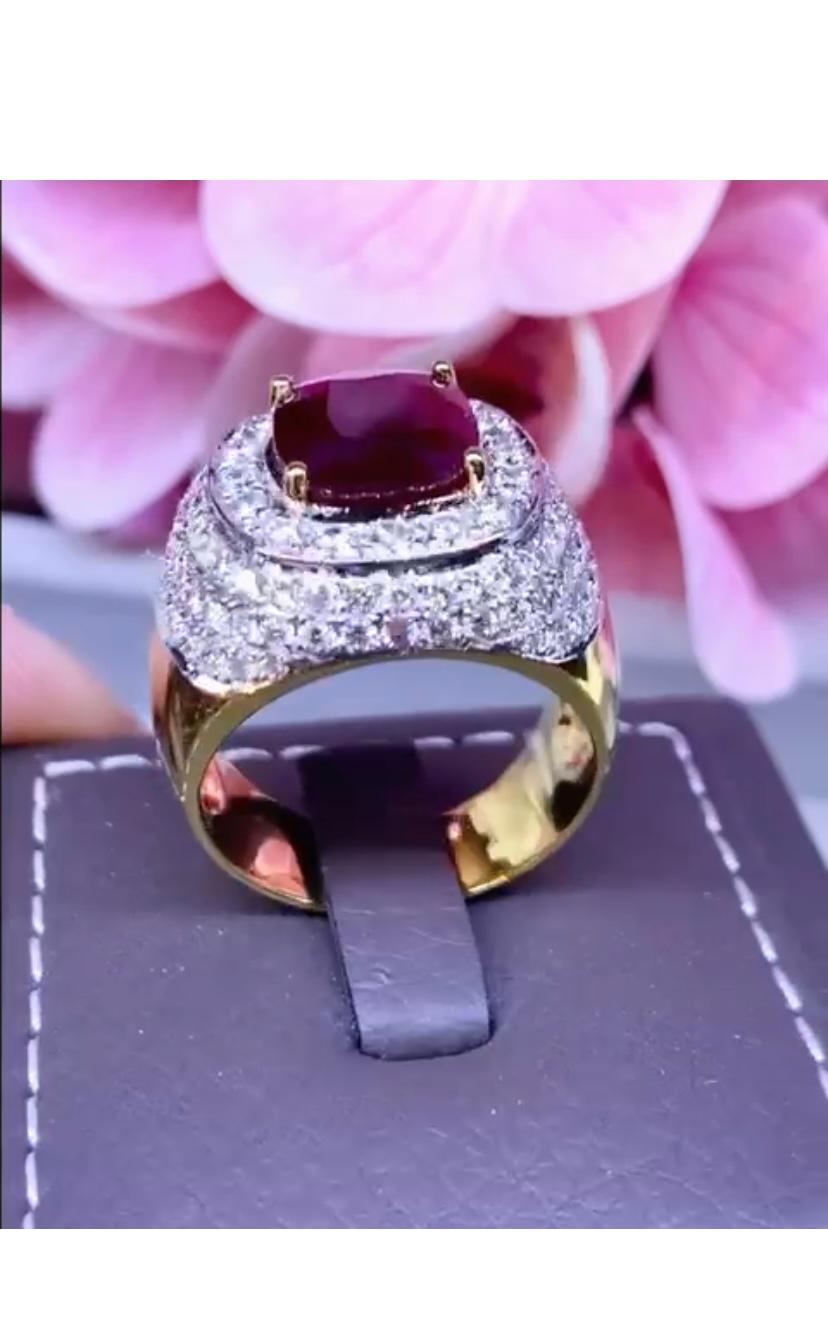 AIG Certified 3.65  Carats Ruby  3.28 Ct Diamonds 18K Gold Ring  In New Condition For Sale In Massafra, IT