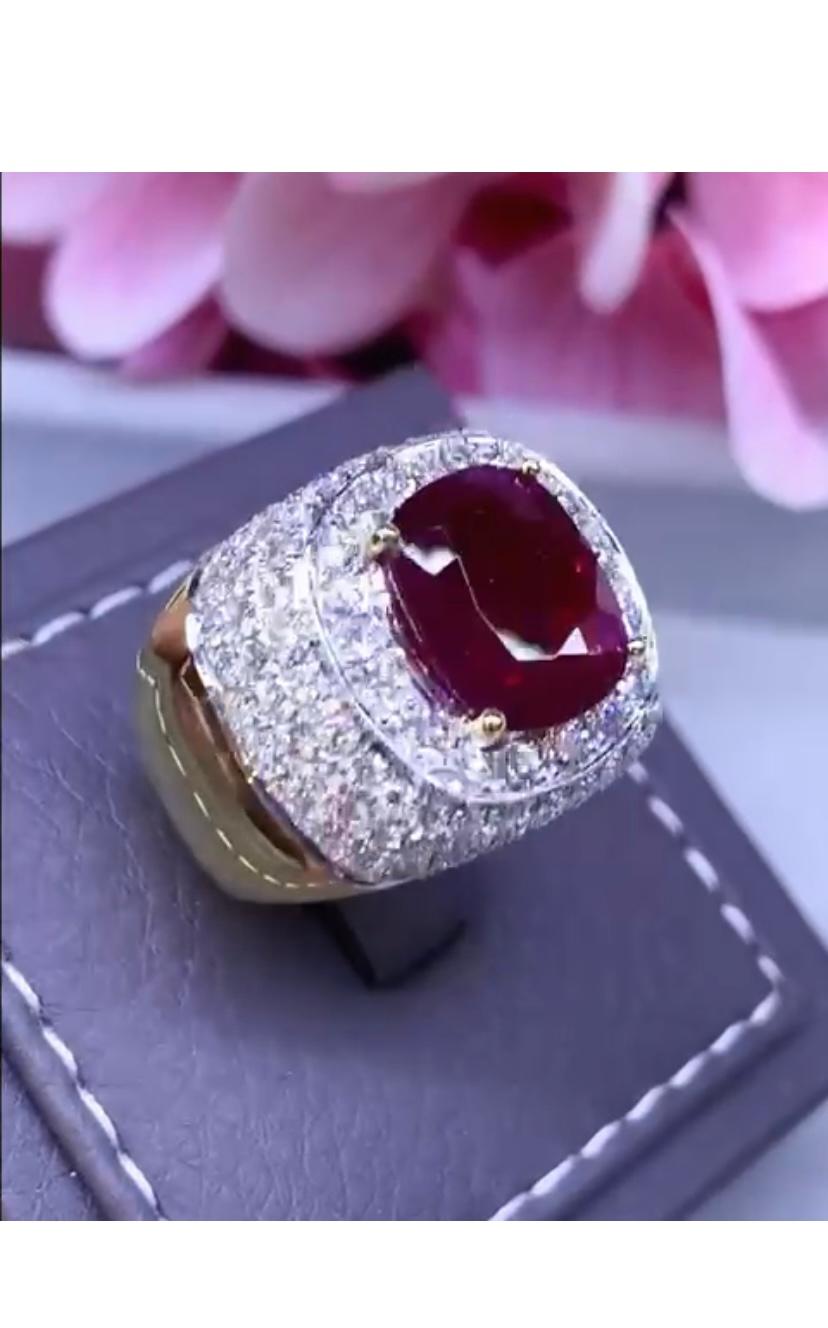 Women's AIG Certified 3.65  Carats Ruby  3.28 Ct Diamonds 18K Gold Ring  For Sale