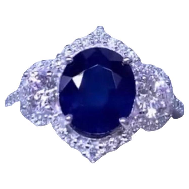 AIG Certified 3.70 Carats Ceylon Sapphire   GIA Diamonds 18K Gold Cocktail Ring  For Sale