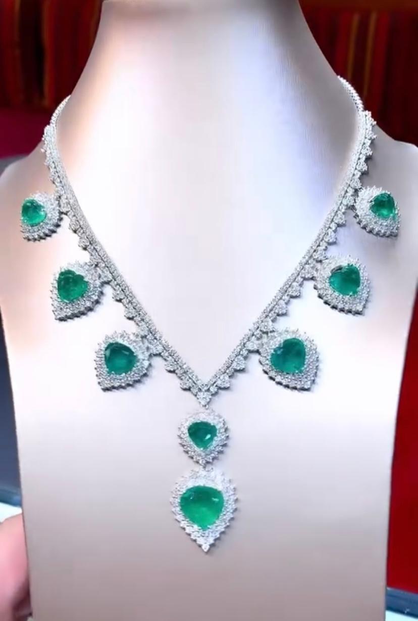 Mixed Cut AIG Certified 37.00 Cts Zambian Emeralds  16.50 Cts Diamonds 18K Gold Necklace For Sale