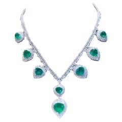 AIG Certified 37.00 Cts Zambian Emeralds  16.50 Cts Diamonds 18K Gold Necklace 