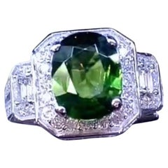 AIG Certified 3.80 Ct Green Sapphire 1.35 Ct Diamonds 18K Gold Ring