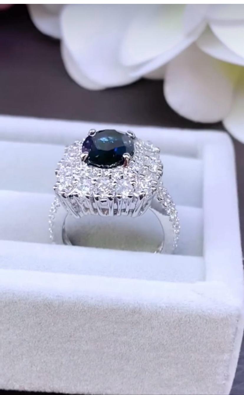 AIG Certified 3.80 Ct Blue Ceylon Sapphire 2.15 Ct Diamonds 18K Gold Ring For Sale 1