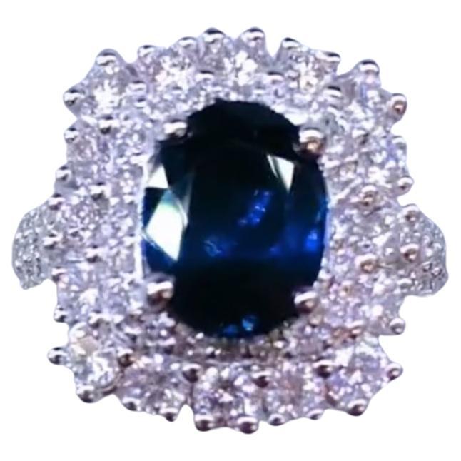 AIG Certified 3.80 Ct Blue Ceylon Sapphire 2.15 Ct Diamonds 18K Gold Ring