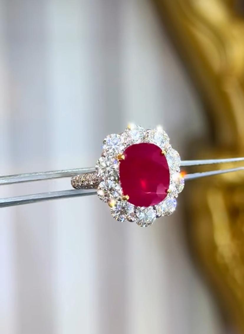 Anello in oro 18K con diamanti certificati AIG da 3,80 carati e rubino della Birmania da 3,70 carati in vendita 5