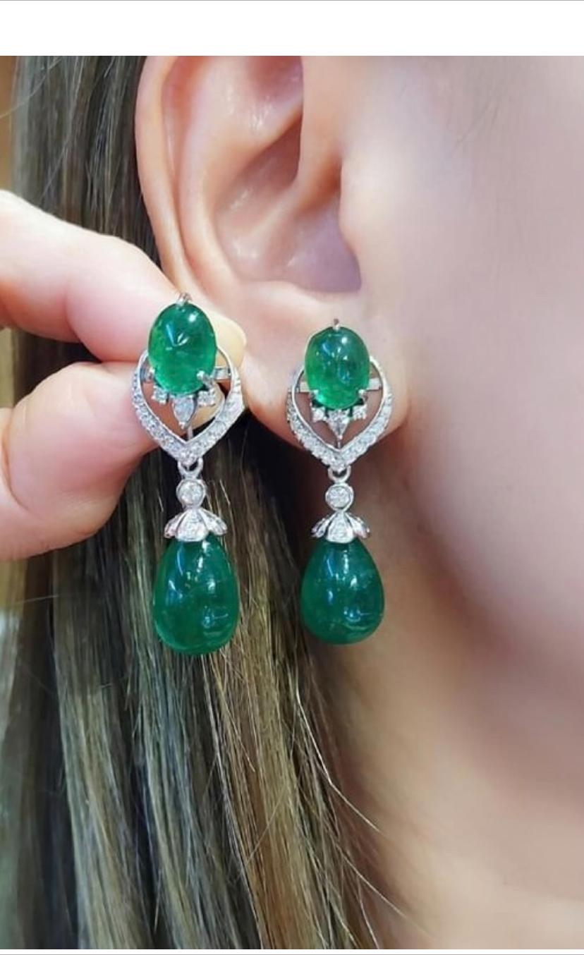 Cabochon AIG Certified 38.86 Carats Zambian Emeralds Diamonds 18K Gold Earrings  For Sale